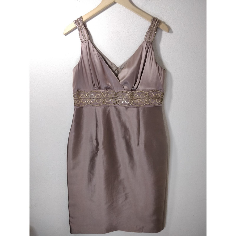 Adrianna Papell Tan 100% Silk Embellished Sleeveless Cocktail Sheath Dress 12